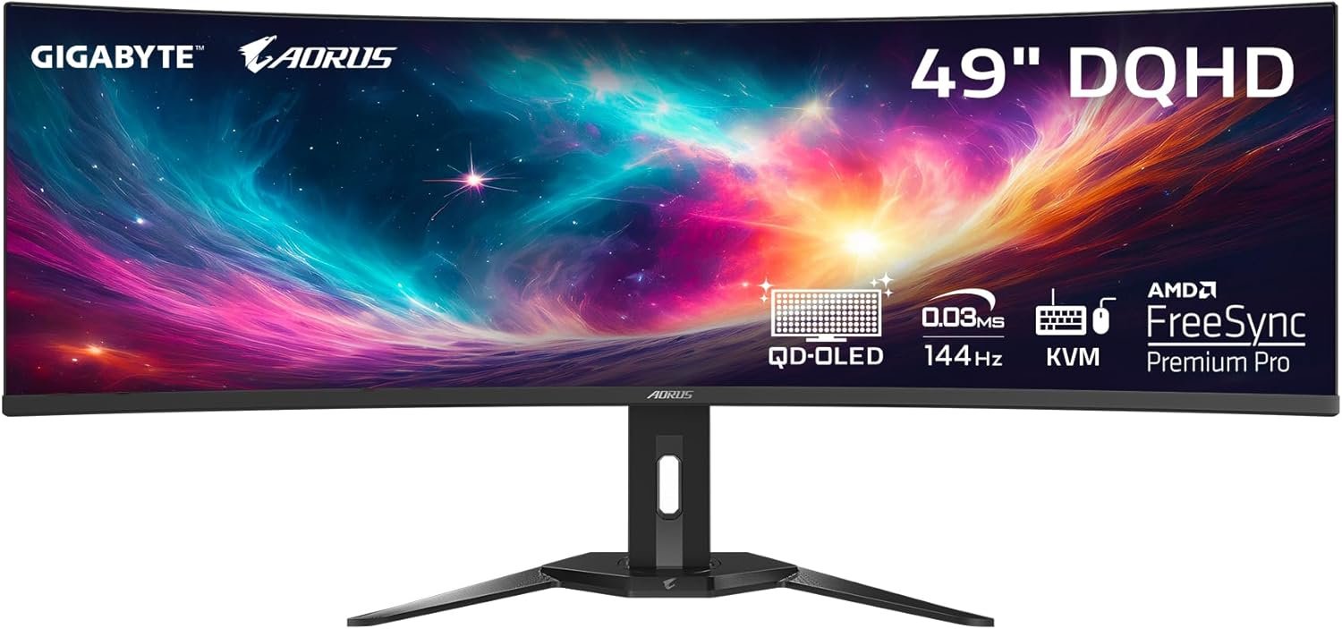 The Gigabyte AORUS CO49DQ-EK is a 49-inch curved OLED gaming monitor featuring a 1800R curve, 5120 x 1440 DQHD resolution,