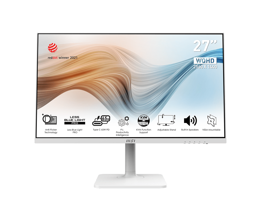 MSI Pro MP273AW (White) Monitor 27" Full HD (1920 x 1080) Frameless, IPS Panel, Anti-Glare, 100Hz Refresh Rate, 1ms Response Time, 300cd/m2 nits Brightness, 8 bits Color, 16.7 M Colors Display, 1000:1 Contrast Ratio, 106% sRGB Color Gamut, 1x DisplayPort (1.2a), 1x HDMI (1.4b), 1x VGA Port, 1x Earphone-out, Built in 2x 3W Speaker, 178° Wide Viewing Angle, VESA Mountable, Eyecare (Hardward & Software Solution) TUV Certified Eye Care Monitor: Eye-Q Check, Anti-Flicker and Less Blue Light technologies, Adaptive Sync Support, Compatible for PC, Mac, PS5™, PS4™, Xbox, Mobile, Notebook