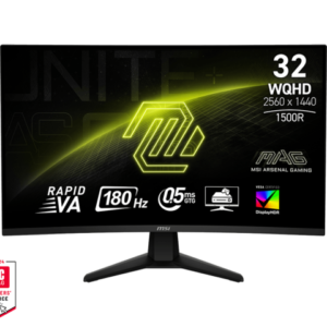 Msi MAG 32CQ6F  31.5" 2K QHD Gaming Monitor Curved Monitor Frameless, 1500R Curved, VA Panel, Anti-Glare, 180Hz Refresh Rate, 0.5ms Response Time, 400cd/m2 nits Brightness, VESA DisplayHDR 400, 8 bits Color, 1.07 billion Colors Display, 3000:1 Contrast Ratio, 88% Adobe RGB, 91% DCI-P3 & 115% sRGB Color Gamut, 1x DisplayPort (1.2a), 2x HDMI (2.0b), 1x Earphone-out, 178° Wide Viewing Angle, VESA Mountable, TUV Certified Eye Care: Anti-Flicker and Less Blue Light technology, Night Vision Mode, Game Mode, Adaptive Sync Technology, Height Adjustment 0-90mm, Tilt, 30° / 30°Swivel, Compatible for PC, Mac, PS5™, PS4™, Xbox, Mobile, Notebook, 5-way OSD navigation joystick