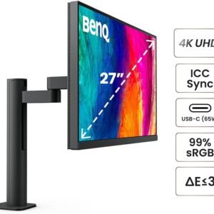 Benq PD2705UA 27" 4K Monitor UHD (3840 x 2160), IPS Panel, Anti-Glare, 60Hz Refresh Rate, 5ms Response Time, 350cd/m2 nits Brightness, HDR10, 1.07 B Color Display, 1200:1 Contrast Ratio, 99% Rec.709 and 99% sRGB Color Gamut, Delta E(avg) ≤3 Color Accuracy, Factory Calibrated, 1x HDMI (v2.0), 1x DisplayPort (v1.2), 1x USB Type-C / DP with PD 65W, KVM Switch (2x USB Type-B Upstream, 3x USB 3.2 Type-A Downstream & 1x USB-C Downstream), 1x Headphone Jack, Built in 2x 2.5W Speaker, 178° Wide Viewing Angle, Eye Care: Anti-Flicker and Less Blue Light Technologies, Height Adjustment 0-150mm, Tilt, 275°/275°Swivel, PIP/PBP Mode, Animation Mode, Dual View Mode (e.g. sRGB Animation and CAD/CAM) side-by-side without the need for two screens, Hotkey Puck G2 lets you switch between various color modes easily, Compatible for Windows and Mac, Argo Arm Desk Design