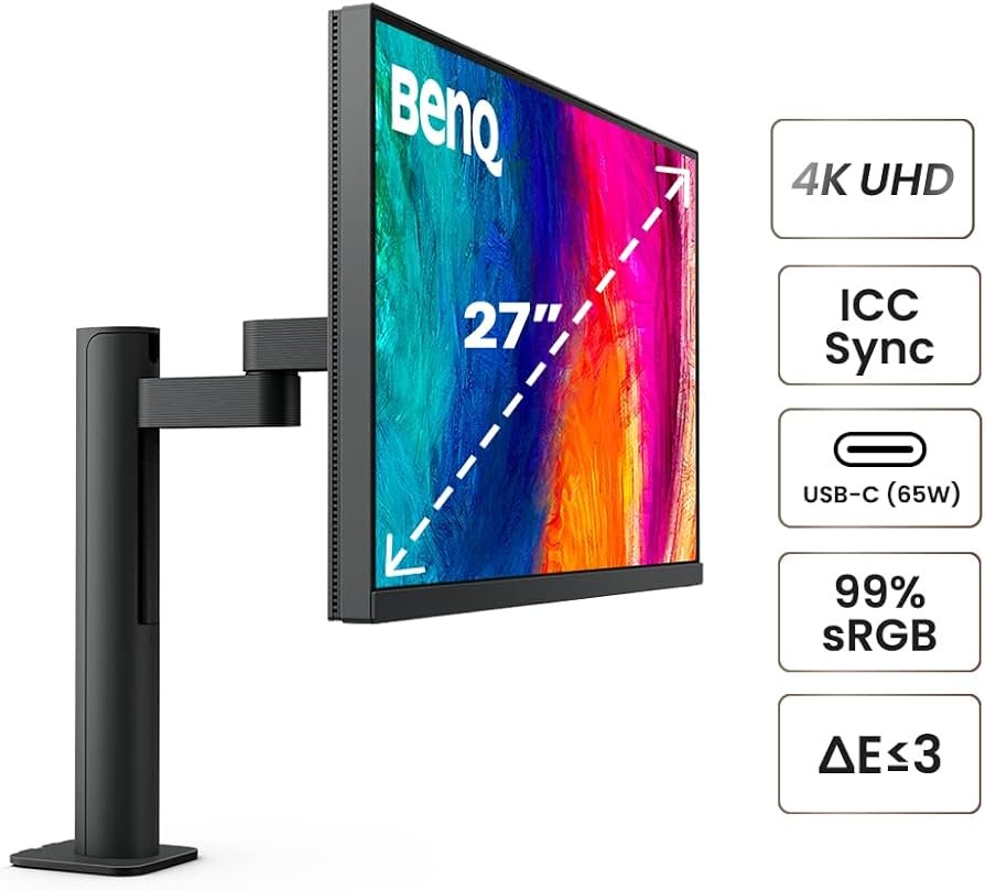 Benq PD2705UA 27" 4K Monitor UHD (3840 x 2160), IPS Panel, Anti-Glare, 60Hz Refresh Rate, 5ms Response Time, 350cd/m2 nits Brightness, HDR10, 1.07 B Color Display, 1200:1 Contrast Ratio, 99% Rec.709 and 99% sRGB Color Gamut, Delta E(avg) ≤3 Color Accuracy, Factory Calibrated, 1x HDMI (v2.0), 1x DisplayPort (v1.2), 1x USB Type-C / DP with PD 65W, KVM Switch (2x USB Type-B Upstream, 3x USB 3.2 Type-A Downstream & 1x USB-C Downstream), 1x Headphone Jack, Built in 2x 2.5W Speaker, 178° Wide Viewing Angle, Eye Care: Anti-Flicker and Less Blue Light Technologies, Height Adjustment 0-150mm, Tilt, 275°/275°Swivel, PIP/PBP Mode, Animation Mode, Dual View Mode (e.g. sRGB Animation and CAD/CAM) side-by-side without the need for two screens, Hotkey Puck G2 lets you switch between various color modes easily, Compatible for Windows and Mac, Argo Arm Desk Design