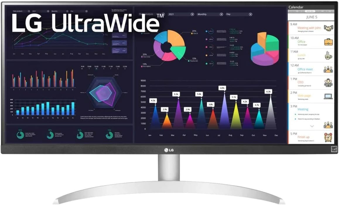 LG UltraWide, 29WQ600, 29-Inch Monitor, IPS Panel, WFHD, 2560x1080 Resolution, 100Hz Refresh Rate, 1ms Response Time, HDR10, 250 nits Brightness, Built-in Speakers, 2 x 7W Speakers, DisplayPort, HDMI Connectivity, UltraWide Screen, Multitasking Monitor, Smooth Motion, Gaming Monitor, Productivity Monitor, Wide Full HD, Clear Viewing Angles