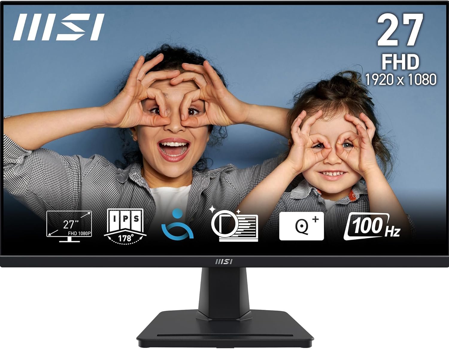 MSI Pro MP275 27" Full HD Monitor (1920 x 1080) Frameless, IPS Panel, Anti-Glare, 100Hz Refresh Rate, 1ms Response Time, 300cd/m² nits Brightness, 8 bits Color, 16.7 M Colors Display, 1000:1 Contrast Ratio, 93% sRGB Color Gamut, 1x HDMI (1.4b), 1x VGA Port, 2x Audio jack, Built in 2x 2W Speaker, 178° Wide Viewing Angle, VESA Mountable, TUV Certified Eye Care Technology : EyeQ Check, Anti-Flicker and Less Blue Light technology, Adaptive Sync Support, Compatible for PC, Mac, PS5™, PS4™, Xbox, Mobile, Notebook