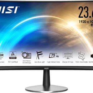 MSI PRO MP242C Monitor TUV Certified Eye Care Monitor, Borderless 23.8" VA Curved Panel, 1500R Curvature, Full HD (1920*1080), Anti Glare, 75Hz, 1ms Response Time, 250cd/m2 , 1x HDMI(1.4); 1x VGA, 1x Line in, 1 x Head Contrast Ratio 3000:1 Native, SRGB 112%, Color: 6 bits + FRC, 2 X 2W Built In Speaker, Tilt and Vesa Option, The MSI exclusive software Display Kit provides the most convenient tool, the proper display & color mode for you while learning with it everyday